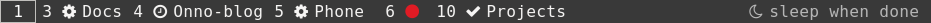 The workspace buttons in the status bar: 1, then 3 with a gear and the label Docs, 4 with a clock and Onno-blog, 5 with a gear and Phone, 6 with a red dot, 10 with a check and Projects. Further right, a moon icon and the words sleep when done.